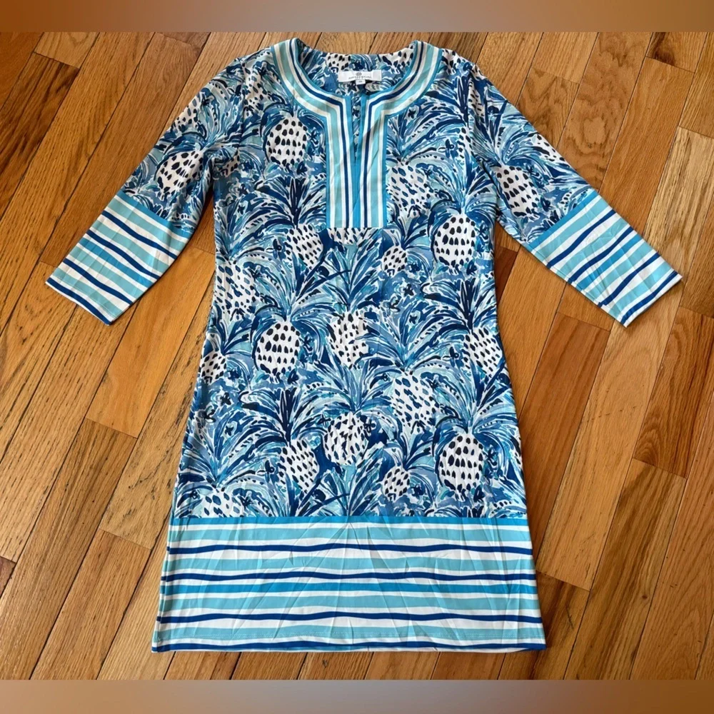 Jean-Pierre Klifa Paris 3/4 Sleeve Sheath Dress Pineapple Blue Green Women Sz XS - Picture 5 of 14
